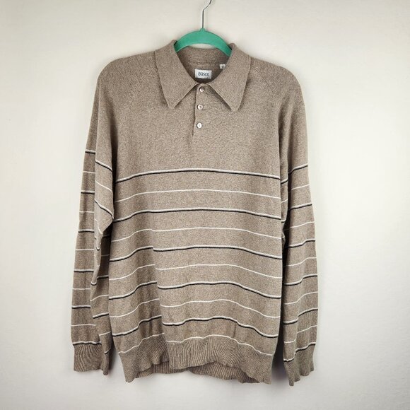 Basco VTG Cotton Cashmere Angora Blend Knit Striped Raglan Sleeve Polo Sweater M - Picture 1 of 10